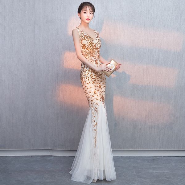 

robe de soiree golden elegant v-neck beaded long with appliques gowns mermaid evening dresses vestido de festa party prom dress, Black;red