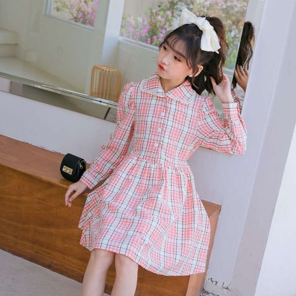 

girls' plaid drs fashion foreign sle girdle waist long sve 2021 spring new children's skirt, Red;yellow