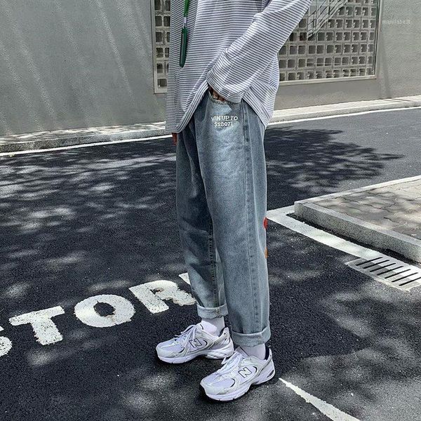 

new spring and autumn blue embroidered personality trend jeans street loose straight embroidered wide-leg trousers1