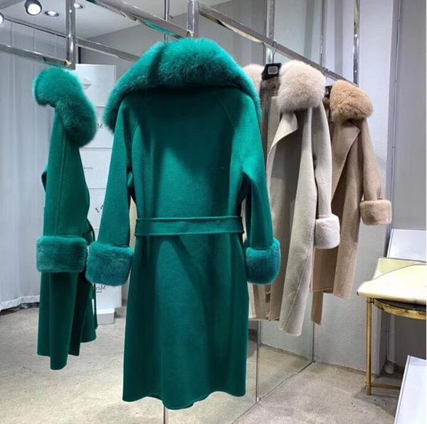 

autumn winter belt luxury fox real mink collar with women's handmade fur cashmere coat cuffs alpaca hioom, Black