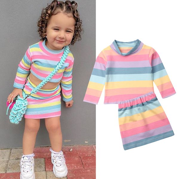 

2pcs/set toddler kids baby girl color striped clothes set long sleeve autumn t-shirt +mini skirt outfit kids girls clothes, White