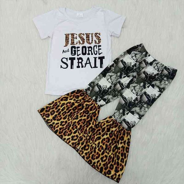 

easter day girl boutique outfit kids with jesus letters and leopard pattern bell pants set, White