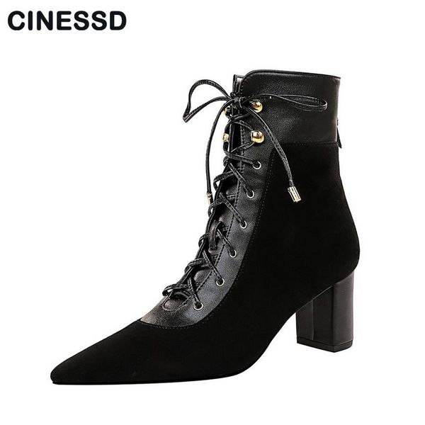 

boots pointed toe thick heel women black suede fashion retro lace-up 6.5cm high-heeled winter shoes