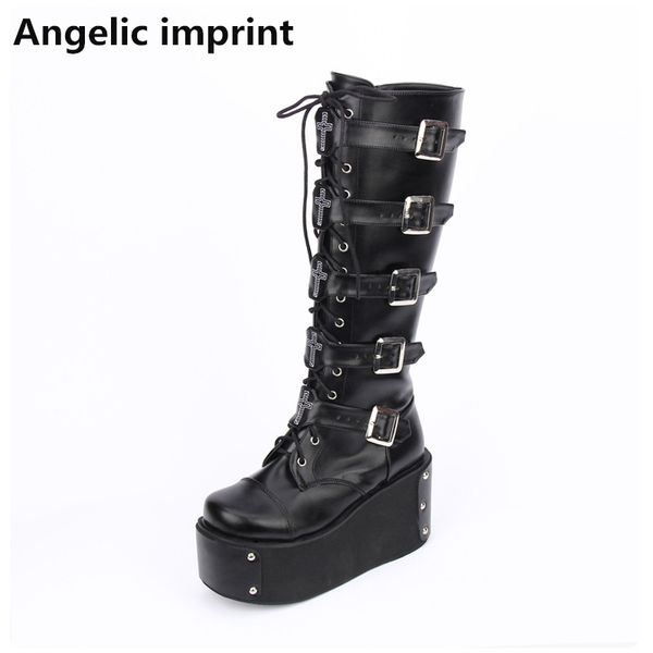 

angelic imprint mori girl women motorcycle boots lady lolita boots woman high heels pumps wedges platform shoes rhinestone 33-47 lj201030, Black