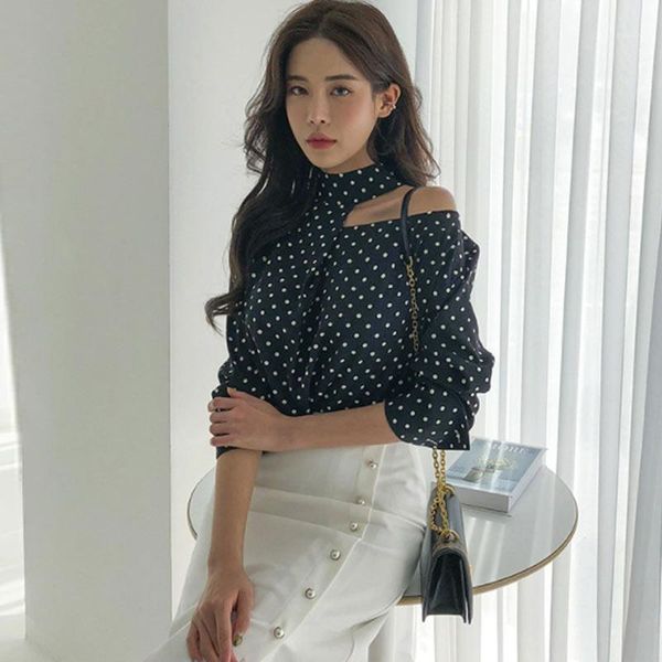 

new women blouse off shoulder polka dot lantern sleeve womens and blouses one shoulder chiffon shirt1, White