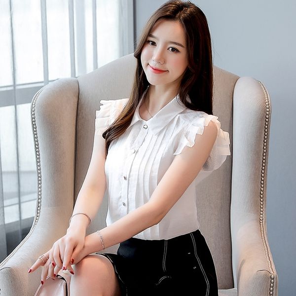 

women blouse and summer fashion white blue turn down collar sleeveless shirt office lady chiffon 3131 50 y200828