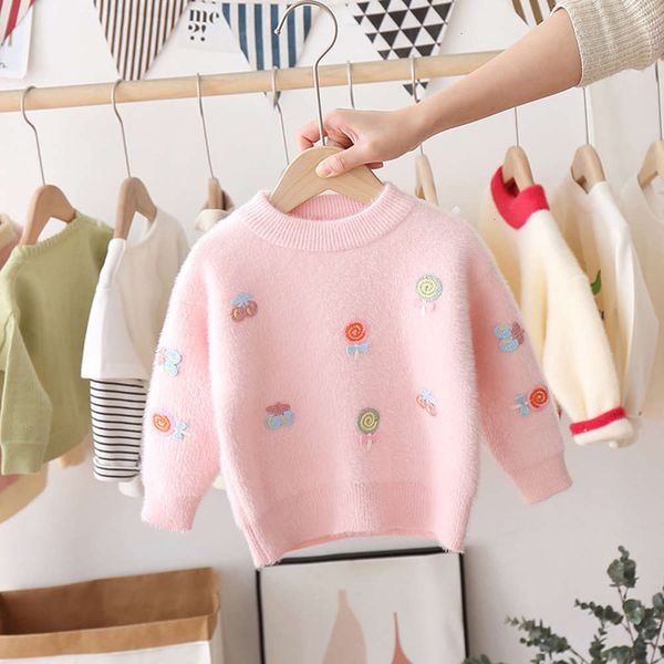 

new 2020 winter korean clothing children's sweater girls lollipop round collar mink veet pullover, Blue