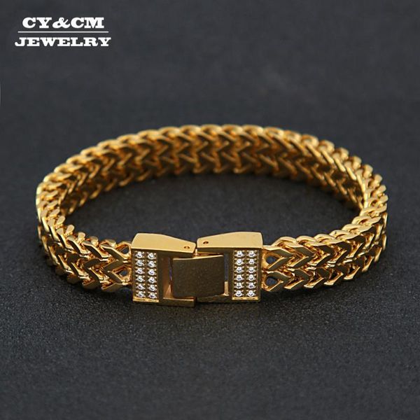 

cy&cm 10mm stainless steel franco link bracelet bangle micro paved cubic zircon gold silver plated men hip hop jewelry box clasp, Black