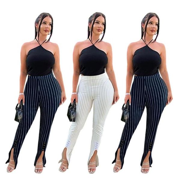 

casual autumn womens flare pants fashion striped high waist split micro flare pants women designers clothes, Black;white