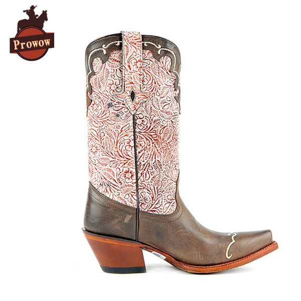 

prowow women western cowboy boots genuine leather handmade patchwork flower suture pointed toe corral mid-calf ladies boots, Black