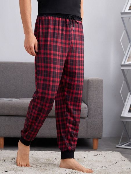 

men plaid drawstring waist sleep pants v1cs#, Black;brown