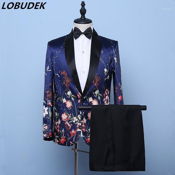 

british style men's floral suit fashion flower pattern single button blazers with pants wedding suits singer host tuxedo costume1, White;black