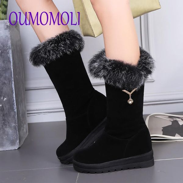 

new winter women boots casual warm fur mid-calf boots shoes women slip-on round toe flats snow shoes muje plus size 34-43, Black