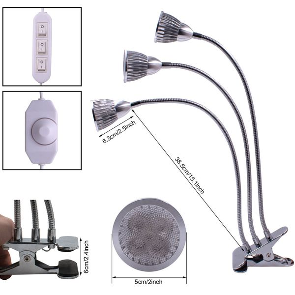 

45w three-head grow light dimmable red blue clip light 60 led silver (actual power 18w) for plants