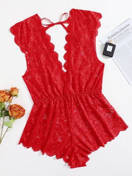 

plus floral lace scallop trim teddy bodysuit 93uy#, Black;white