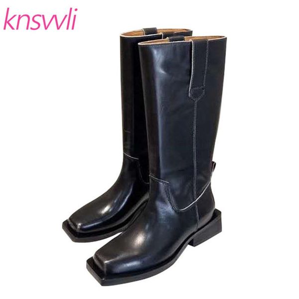

women boots genuine leather knee high boots square toe low heels western knight women shoes british style long woman, Black