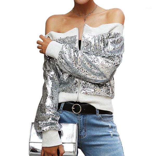 

yfashion ladies sequin silver off-shoulder coat new fashion lady design zipper coats vestidos coat for women female1, Black;brown