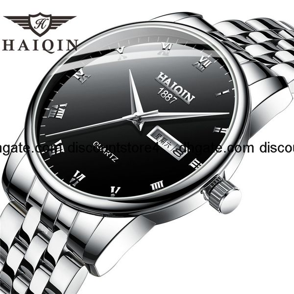 

haiqin double calendar non automatic mechanical watch solid steel belt watch butterfly button waterproof men's watch, Slivery;brown