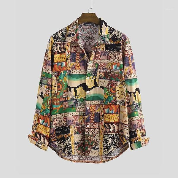 

vintage printed men casual shirt long sleeve button lapel 2020 streetwear loose mens hawaiian shirts camisas hombre1, White;black