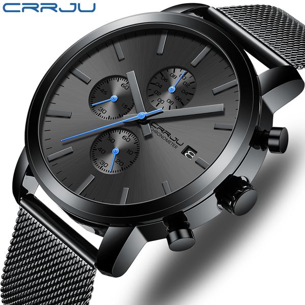 

crrju fashion mens watches 2020 luxury brand quartz watch military sport mesh strap waterproof wrist watches men relogios, Silver