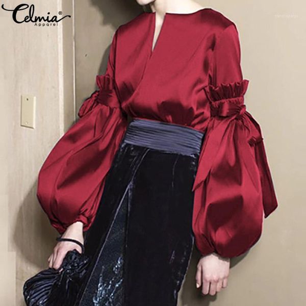 

fashion celmia women vintage satin blouse lantern sleeve bow v neck elegant office silk shirts casual blusas femininas 5xl1, White