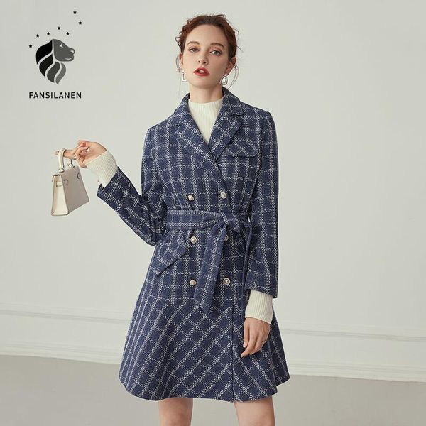 

fansilanen wool blend blue plaid blazer dress women elegant autumn winter office dress vintage belt slim short mini 2020, Black;gray