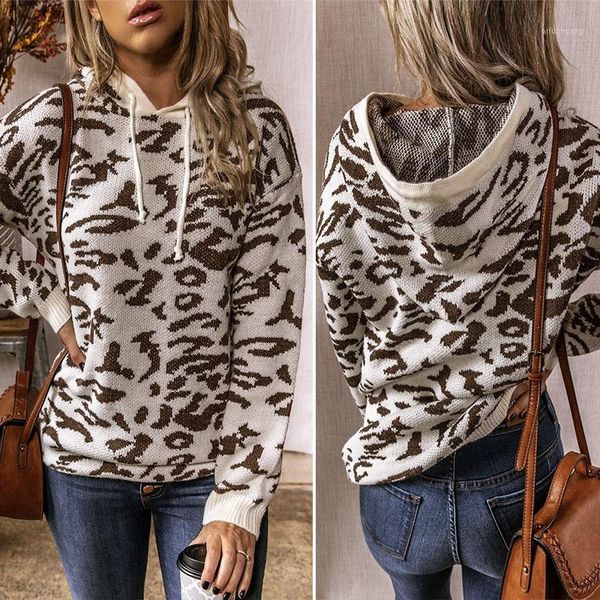 

leopard sweater hooded oversized pullover loose sweaters female leopard warm pullover sweater white1, White;black
