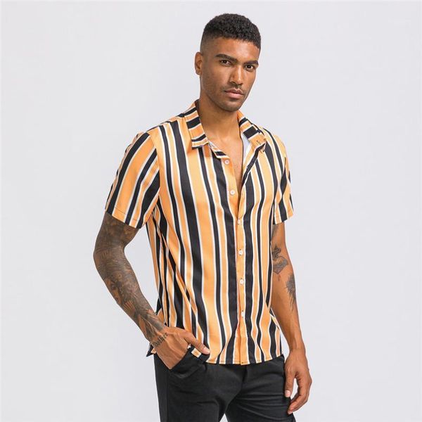 

quality good men's casual slim fit stylish fashion striped printed chest pocket turn down collar short sleeve shirt #4n151, White;black