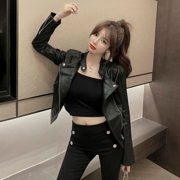 

autumn 2020 new loose long sleeve korean short casual versatile pu leather jacket for women