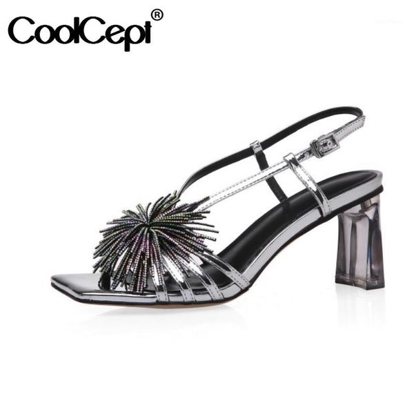 

coolcept new woman high heel sandals square heels string beads woman summer shoes party wedding footwear size 34-391, Black