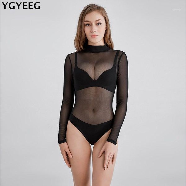 

ygyeeg bodysuit women body suits for women romper black mock neck 2020 fashion long sleeve hollow out back mesh bodysuit1, Black;white