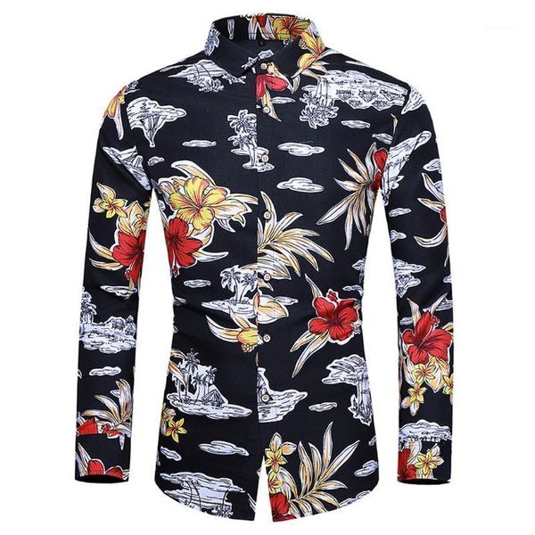 

men's casual shirts fashion men's slim plus size leisure printing long-sleeved shirt 2021 hawaiian style hommes blouse for mal, White;black