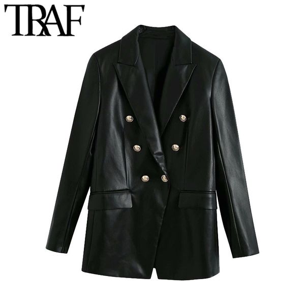 

traf women fashion double breasted faux leather blazers coat vintage long sleeve back vents female outerwear chic 201201, White;black