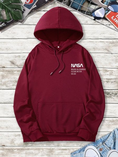 

men slogan graphic drawstring hoodie l9cu#, Black