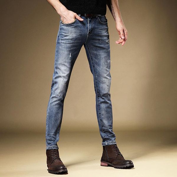 

men's jeans men blue ripped korean style slim fit straight denim pants