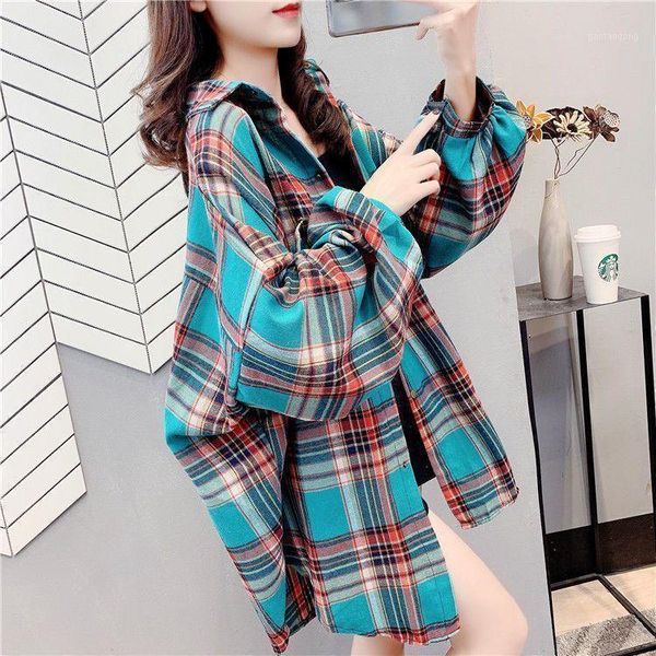 

frosted plaid shirt women 's retro style new spring and autumn 2020 long sleeve medium length loose shirt coat for women1, White