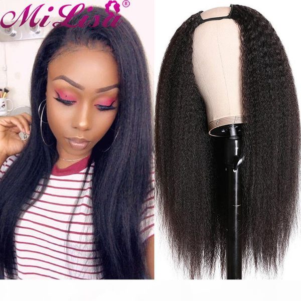 

u part wig mi lisa yaki straight human hair wigs brazilian remy hair wig glueless kinky straight human for black women, Black;brown