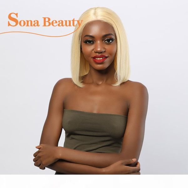 

blonde lace front human hair wig 13x4 preplucked brazilian remy 613 short bob wigs for black women, Black;brown