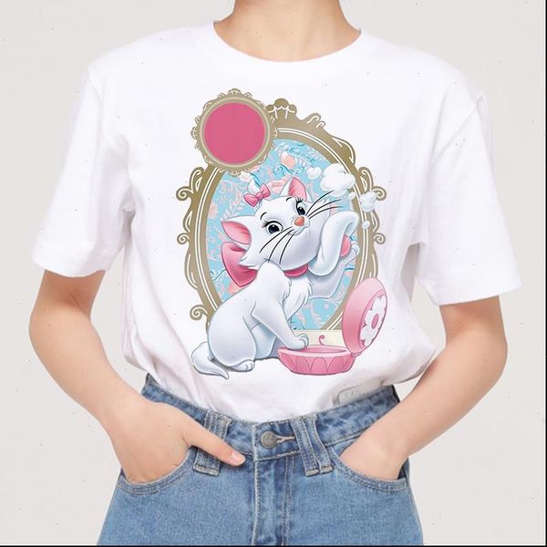 

2021 summer woman clothes korean clothes kawaii cat print t shirt casual t shirt vintage aesthetic lady girls cat t shirt, White