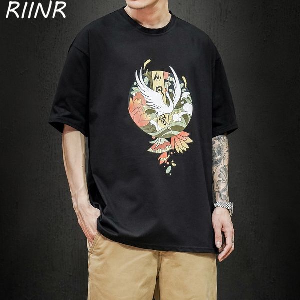 

riinr 2020 summer new chinese style printed large size casual short-sleeved t-shirt male m-5xl sport hooded sweatshirt hoodie