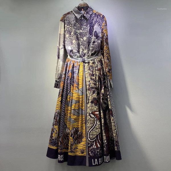 

2020 summer vintage women high qualit cottony totem print high waist pleated fashion new skirt1, Black