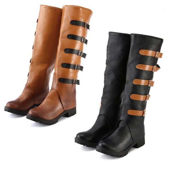 

boots knight women fashion buckle strap leather vintage knee nice autumn winter thick heel flat botas mujer1, Black