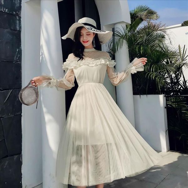 

new 2019 spring autumn women dress flare sleeve patchwork mesh turtleneck half a high-end french lace dresses blue apricot 9086, Black;gray