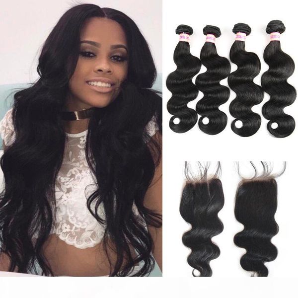 

brazilian human hair weave bundles brazilian virgin body wave hair weaves with closure 3 4 bundles with closure, Black