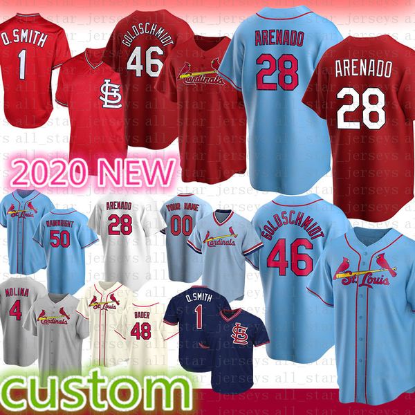 

st. custom louis baseball jersey 28 nolan arenado 46 paul goldschmidt 4 yadier molina 13 matt carpenter 1 ozzie smith 48 harrison bader, Blue;black