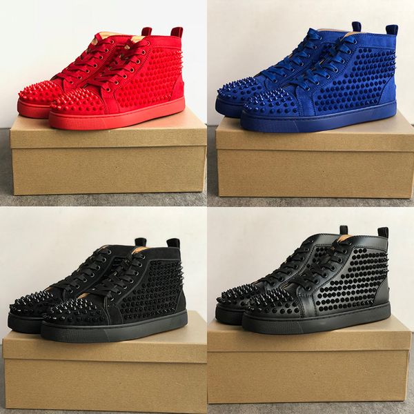 

luxury mens high casual shoes junior suede studded spikes red bottom sneakers silver spiked flat trainers genuine leather suede shoes, Black