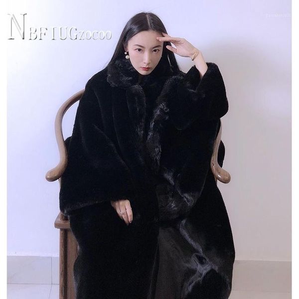 

women's fur & faux winter warm long coat fluffy furry thick fake jacket1, Black