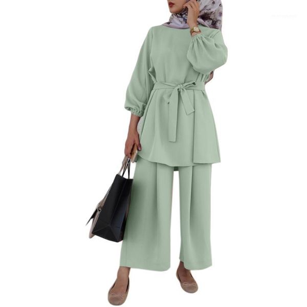 

women's tracksuits women muslim summer solid outfit long sleeve belted tunic wide leg pants m7dd1, Gray