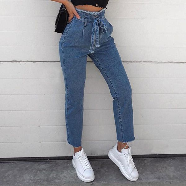 

women jeans high waist jeans lace street style ankle-length pants zipper regular cotton pants, Blue