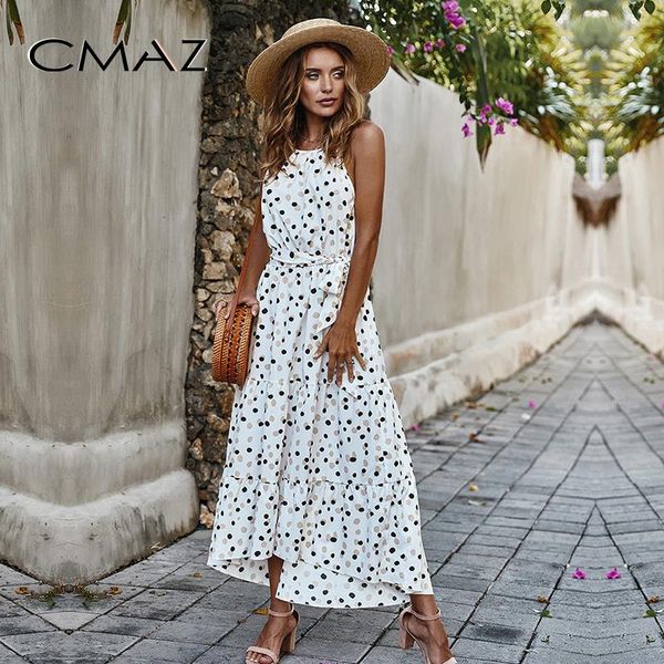 

cmaz длинные точечные каникулы стиль печать женщин кружев высокая талия o шеи большие качели новая мода летом без рукавов платье cmaz20c1034, Black;gray